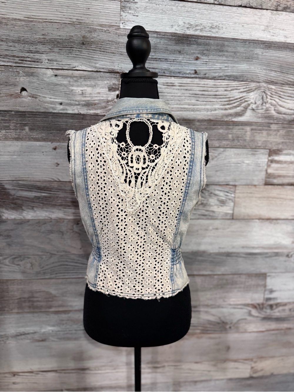 Miss Me Light Wash Vintage Look Denim Vest with Lace Trim - Picture 3 of 4
